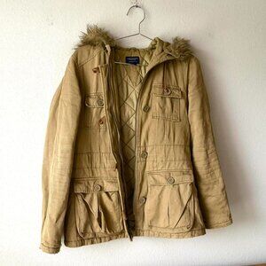 American Eagle Tan Canvas Jacket Faux Fur Hood Coat Women's Small